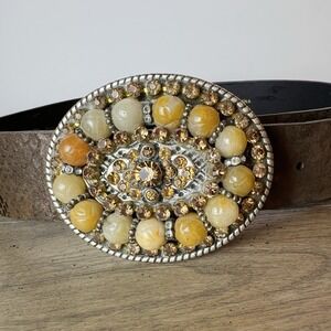 Chico's Belt Statement Rhinestone Beaded Buckle Snake Print Leather Size S